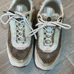 Kurt Geiger London Kensington Women's White & Gold Suede Sneakers Sz 8 EU 38.5